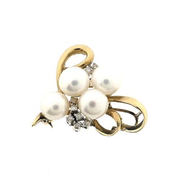 8 karaat abstracte broche met parel en diamant 0,08 ct., Gebruikt, Geel, Ophalen of Verzenden, Met edelsteen