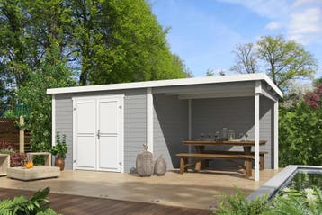 Outdoor Life Blokhut Kjeld Met Overkapping Platinum Grey-Wit, Tuin en Terras, Tuinhuizen, Nieuw