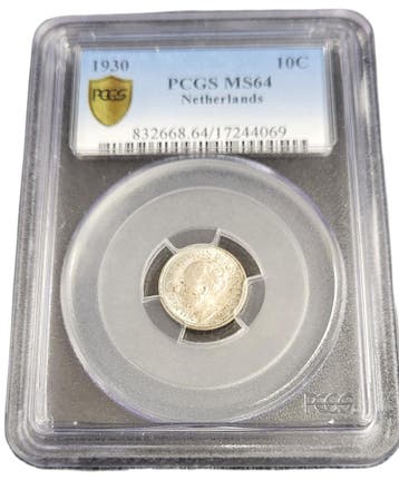 Koningin Wilhelmina 10 cent 1930 MS64 PCGS gecertificeerd, Verzenden, Zilver, 10 cent, Koningin Wilhelmina