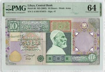 2002 Libya 10 Dinars Pick 66 Pmg Choice Unc 64, Postzegels en Munten, Bankbiljetten | Europa | Niet-Eurobiljetten, Verzenden