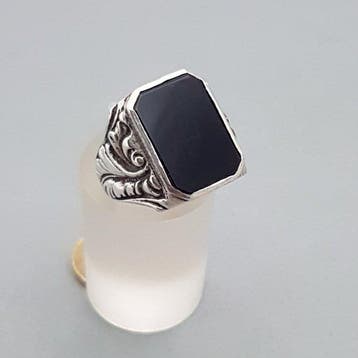 Zilver, Grote Art Deco Zegelring, Onyx - Ring