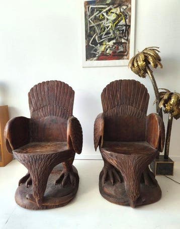 Stoel (2) - Hout - Handgesneden fauteuils
