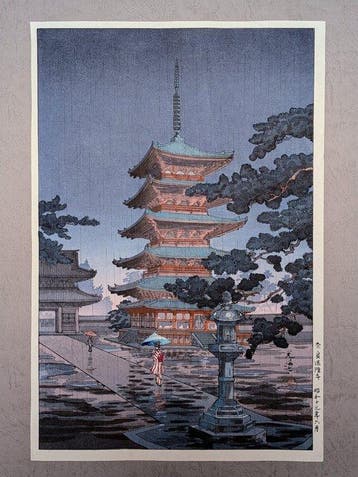 Koitsu - Rain at Horyuji Temple - Original Woodblock Print -