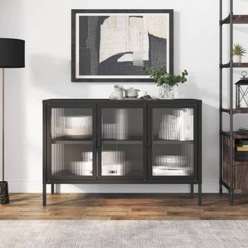 vidaXL Dressoir 105x35x70 cm glas en staal zwart, 100 tot 150 cm, Verzenden, Nieuw, Metaal