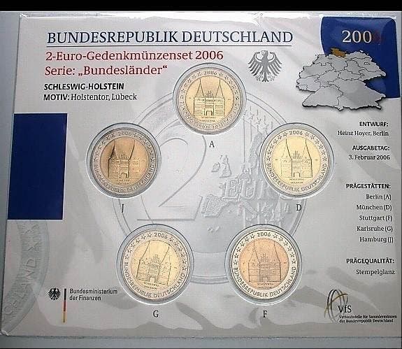 5 x 2 Euro 2006 A,d,f,g,j Duitsland Schleswig-holstein, Postzegels en Munten, Munten | Europa | Euromunten, Verzenden