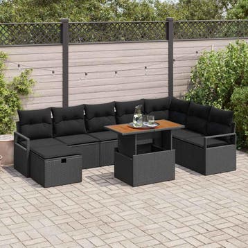 vidaXL Tuin Sofa Set 9 st Zwart poly rattan, Verzenden, Nieuw, Rotan, Meer dan 8 zitplaatsen