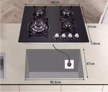 Gaskookplaat 60cm 4-Pits Glas Inbouw LPG Aardgas, Verzenden, Nieuw