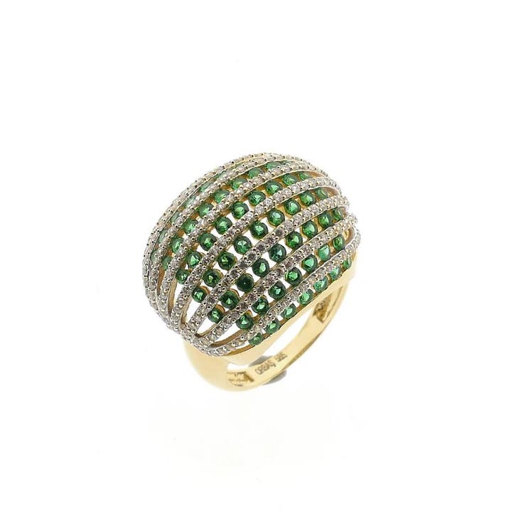 Gouden gebolde ring met witte en groene zirconia, Sieraden, Tassen en Uiterlijk, Ringen, Dame, Met edelsteen, Groen, 17 tot 18