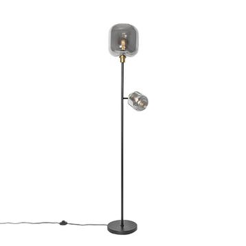 Vloerlamp zwart met goud met smoke glas 2-lichts - Zuzanna, Verzenden, Nieuw, Glas, Art Deco