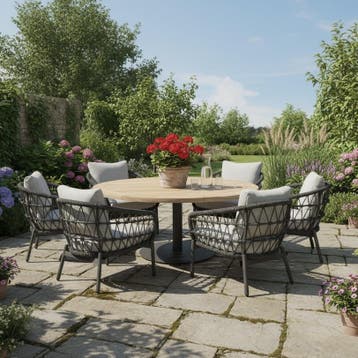 Torino low dining tuintafel teakblad 140 cm rond H71 cm, Ophalen of Verzenden, Nieuw, Teakhout