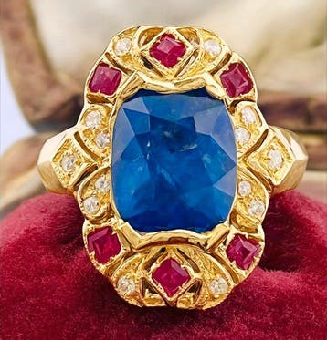 Ring - 14 karaat Geel goud Saffier - Diamant, Nieuw