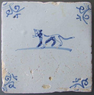 Tegel - Antieke tegel met een Kat. - 1650-1700, Antiek en Kunst