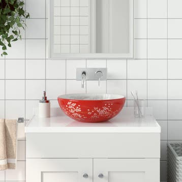 vidaXL Opzetwasbak rond 41x14 cm keramiek wit en rood, Doe-het-zelf en Verbouw, Sanitair, Verzenden, Nieuw