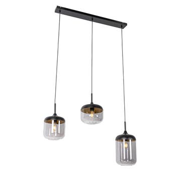 Design hanglamp zwart met goud en smoke glas 3-lichts - Kyan, Verzenden, Nieuw, Glas, Design