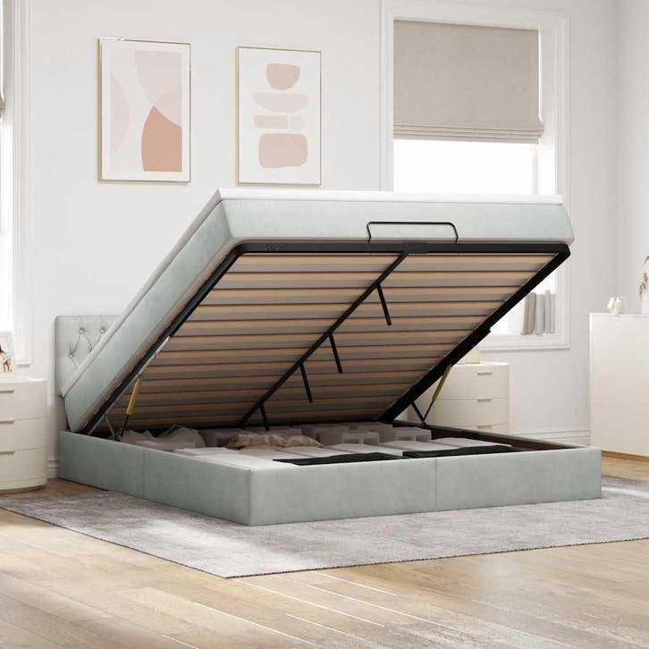 vidaXL Ottoman bed met matras en LEDs 160x200cm fluweel, Huis en Inrichting, Slaapkamer | Bedden, 160 cm, 200 cm, Grijs, Tweepersoons
