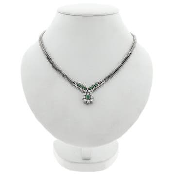 Witgouden visgraat schakelcollier met smaragd en diamante..., Gebruikt, Ophalen of Verzenden, Met edelsteen, Goud
