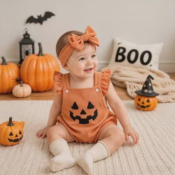 Schattige Halloween Baby Romper met Pompoenprint & Mutsje -, Verzenden, Nieuw