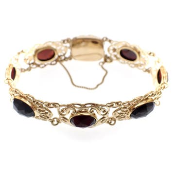 Vintage gouden bootjes armband met granaat (Schakelarmband), Gebruikt, Ophalen of Verzenden, Met edelsteen, Goud