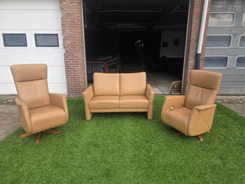 Bankstel PROMINENT 2 zit+2 relax fauteuils leer verstelbaar, Design, Zo goed als nieuw, Rechte bank, Leer
