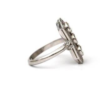 Platina met 18 krt.gouden Art Deco prinsessen ring, Gebruikt