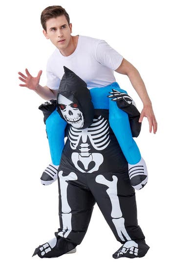 KIMU® Opblaas Kostuum Zittend op Skelet Zwart Opblaasbaar Pa, Kleding | Heren, Carnavalskleding en Feestkleding, Nieuw, Overige maten