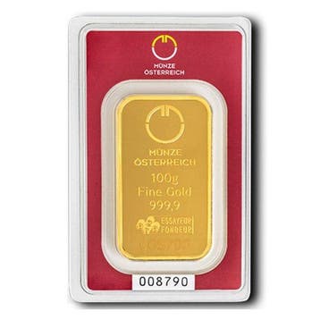 100 gram - Goud .999 - 100g .9999 Fine Gold Bar Austrian