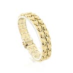 Gouden brede fantasie schakelarmband, Ophalen of Verzenden, Gebruikt, Overige kleuren, Goud