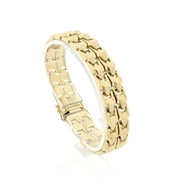 Gouden brede fantasie schakelarmband, Ophalen of Verzenden, Gebruikt, Goud, Goud