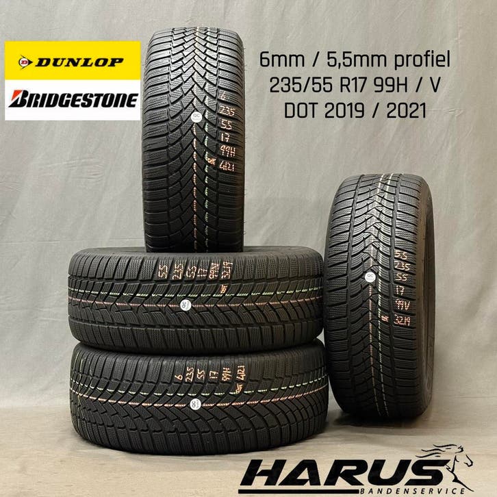 235/55/17 99H/V Dunlop Bridgestone winterbanden 6/5,5mm 4X, Auto-onderdelen, Banden en Velgen, 17 inch, Erkend duurzaam, Winterbanden