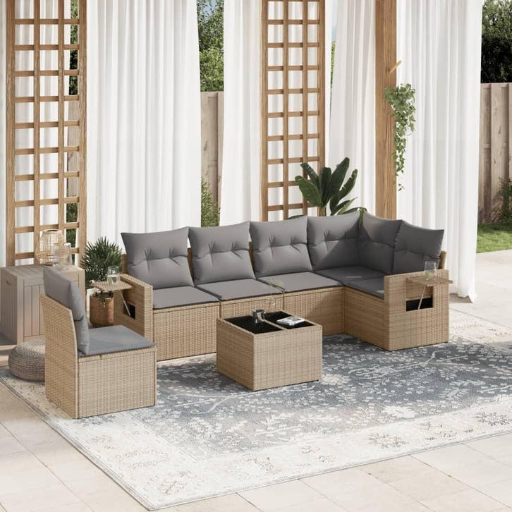 vidaXL 7-delige Loungeset met kussens poly rattan beige, Tuin en Terras, Tuinsets en Loungesets, Loungeset, Nieuw, Verzenden