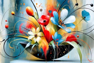 John Joseb Art glasschilderij bloemen in schaal, abstract, Oorspronkelijke maker, Verzenden, Nieuw, Schilderij
