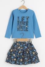 Trendy meisjesoutfit blauw shirt &amp; bloemenrok | Nieuw, Ophalen of Verzenden, Nieuw, Meisje