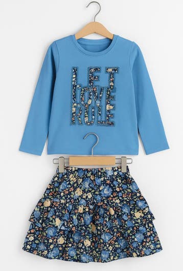 Trendy meisjesoutfit blauw shirt &amp; bloemenrok | Nieuw, Ophalen of Verzenden, Nieuw, Meisje