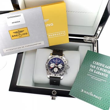 Breitling Chronomat 44 GMT AB0420; Automatisch heren horloge, Overige merken, Leer, Polshorloge, Ophalen of Verzenden