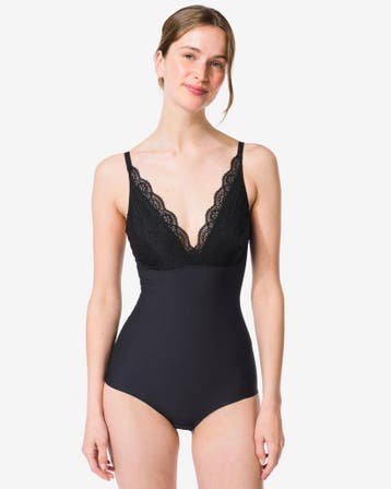 HEMA Medium corrigerende damesbody met kant zwart, Verzenden, Zwart
