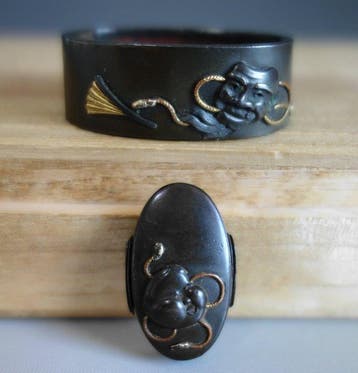 Fuchi - Koper - Noh mask Okina Okame shibuichi - Japan -