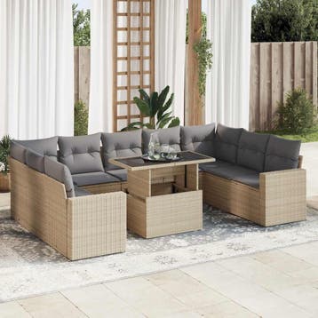 vidaXL 10-delige Loungeset met kussens poly rattan beige, Verzenden, Nieuw, Loungeset