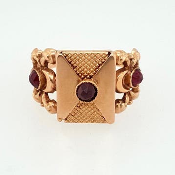 Ring - 14 karaat Geel goud Granaat - medaillon, Nieuw