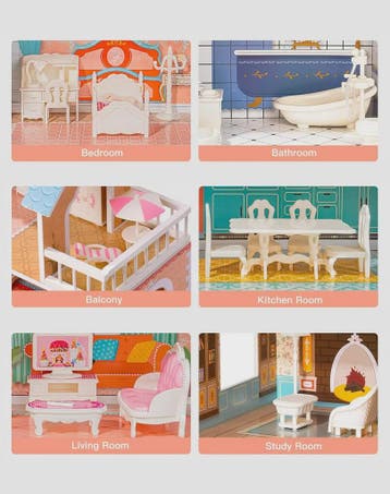 Houten Poppenhuis met Balkon - 3 Verdiepingen & 28 Accessoir, Kinderen en Baby's, Verzenden, Nieuw