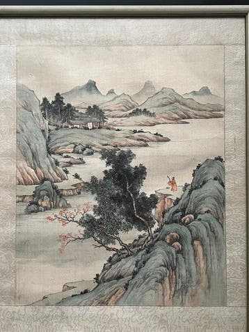 Schilderij van een idyllisch landschap met een figuur -