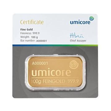 100 gram goudbaar Umicore (LBMA certificaat), Postzegels en Munten, Edelmetalen en Baren, Verzenden, Goud