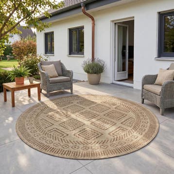 Rond Buitenkleed | Mira | Ruiten | Beige | 200x200 cm, Verzenden, Nieuw