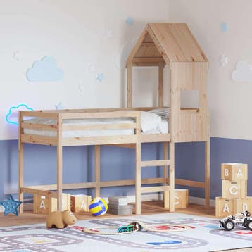 vidaXL Halfhoogslaper met ladder en bedhuis grenenhout, 90 cm, Eenpersoons, Bruin, Verzenden