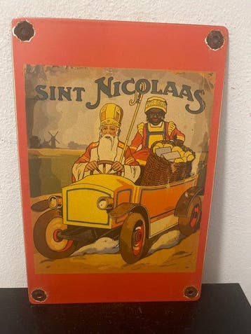 Vintage Sint Nicolaas reclamebord met klassieke auto – retro