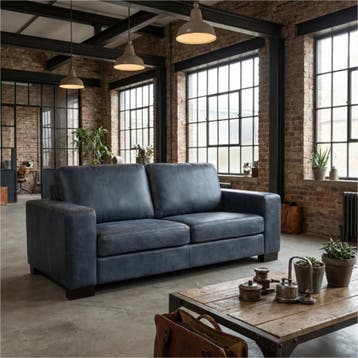 Leren bank Enjoy - 2,5 zits - Kenia Denim (blauw) - Poten, Huis en Inrichting, Nieuw, Ophalen of Verzenden, Rechte bank, Modern