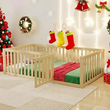 Kinderbed 90x200 cm Houten Vloerbed met Hek en Deur, Verzenden, Nieuw