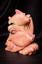 Handgesneden goudsteen koi-karper paar sculptuur -