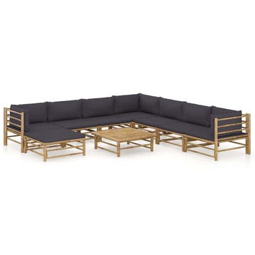 vidaXL 9-delige Loungeset met donkergrijze kussens bamboe, Verzenden, Nieuw, Hout, Loungeset