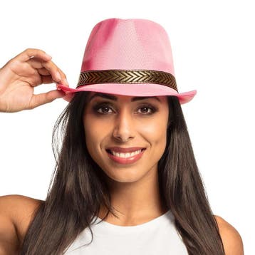 Roze trilby hoed met zwarte band - Feesthoeden overig, Ophalen of Verzenden, Nieuw