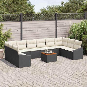 vidaXL Tuinbankenset 11 st Zwart en Crème poly rattan, Verzenden, Nieuw, Meer dan 8 zitplaatsen